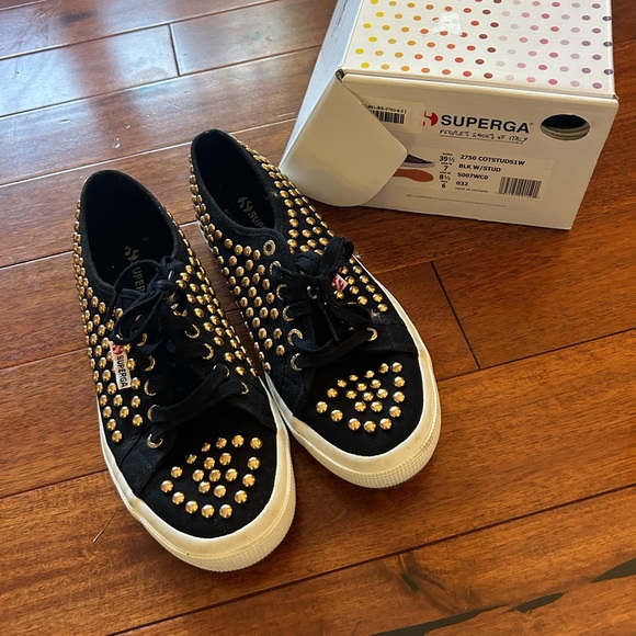 Superga black with gold studs sneakers size 8.5 - Picture 1 of 3